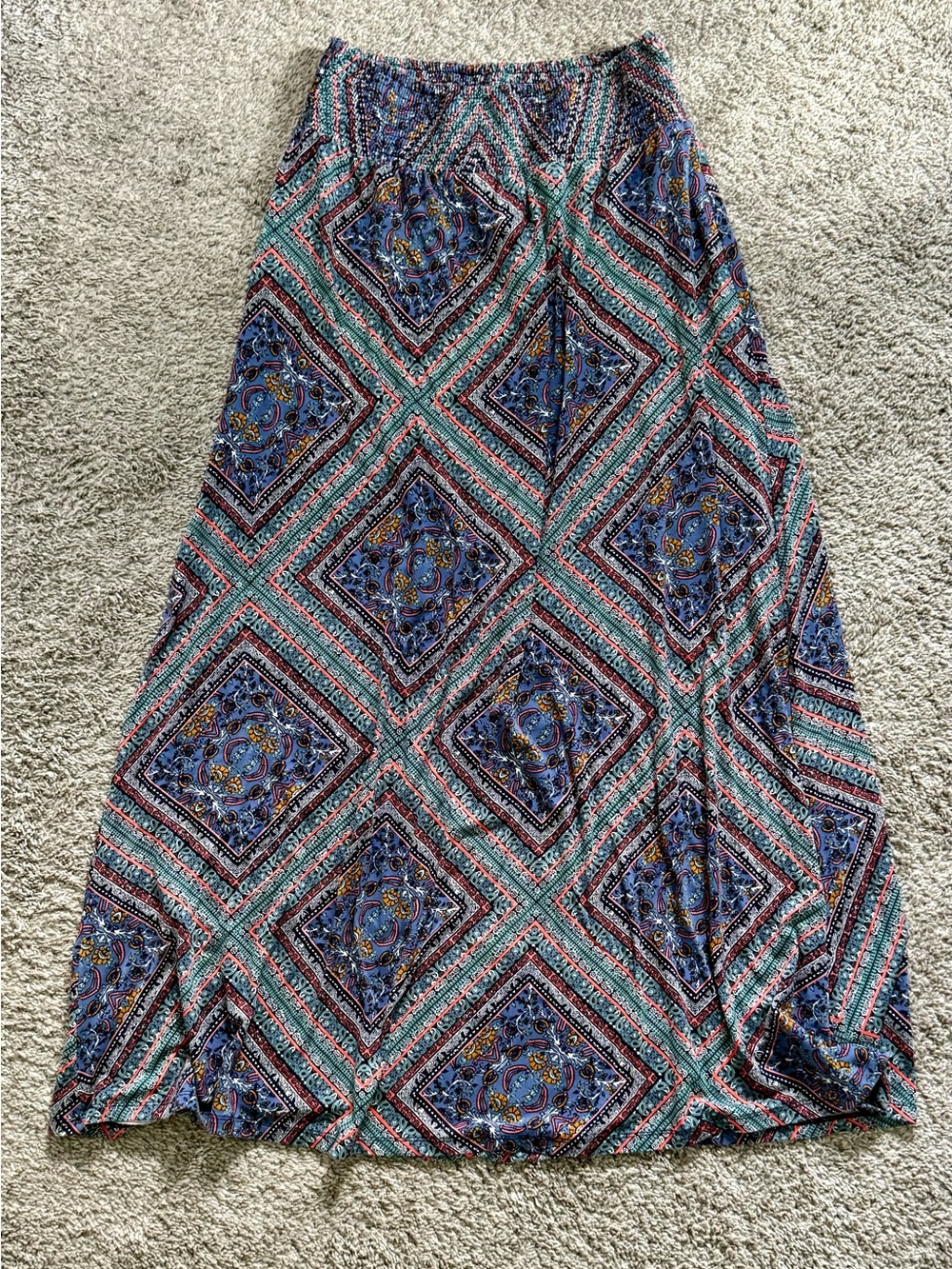 Versona Boho Printed Smocked Waist Maxi Skirt Blue Pink Geometric [Size Medium]